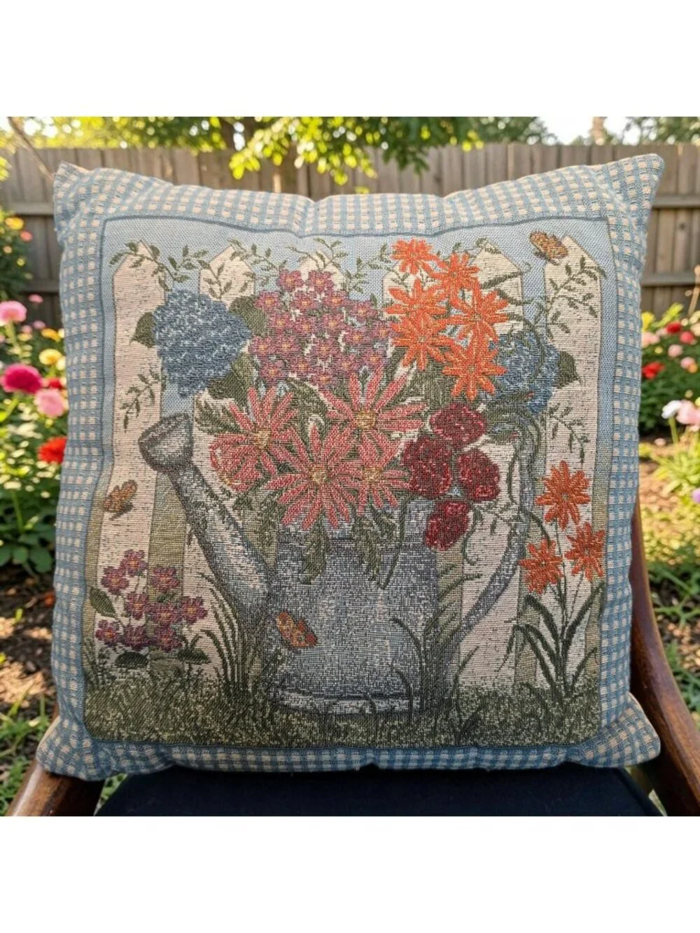 Decorative Floral Watering Can Tapestry Throw Pillow Gingham Border 16